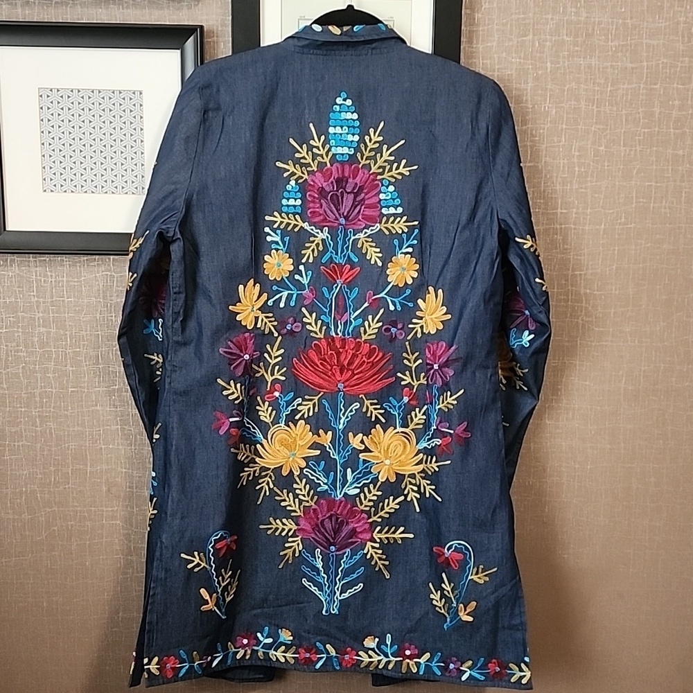 Anu Embroidered Denim Open Front Light Jacket - Picture 2 of 13
